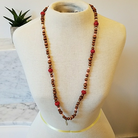 SALE **Wood w/ red & orange Coral beaded necklace - Picture 2 of 5